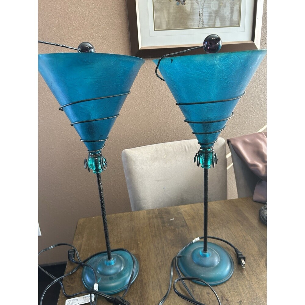 Set of 2 Vintage, Teal Martini Glass Lamps, MCM Style. Fiberglass Shades 18”